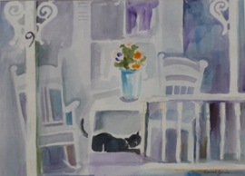 Cat on the Porch - 23.5x30, Watercolor, $485 (framed)