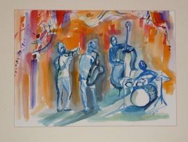 Jazz at the Pointe - 23.5x28, Watercolor, $700 (framed) (available in 16x20 matted print for $60)
